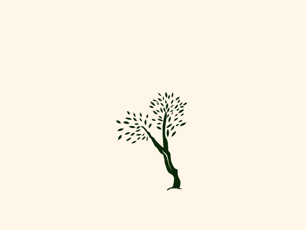 A minimalist dark green tree logo or graphic centered on a plain white background.