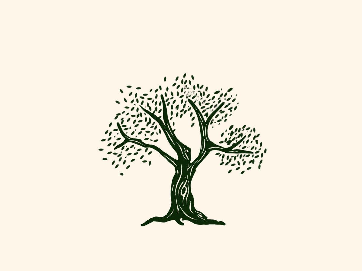 A dark green hand-drawn tree illustration centered on a plain white background.
